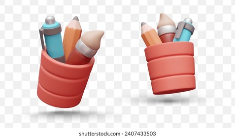 Set of 3D pencil cups in cartoon style. Concept of convenient storage of stationery for daily use. Desktop office, school, kindergarten accessories. Vector templates