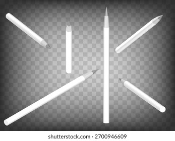 3D-Bleistiftzeichen auf transparentem Hintergrund. 3D-Bleistift-Ikone mit verschiedenen Ansichten und Winkeln.  Abstraktes Konzept von Grafikelementen für Ihr Design