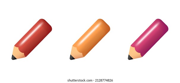 Un conjunto de lápices 3D. Lápiz de plástico de juguete. Clipart vector aislado en fondo blanco.