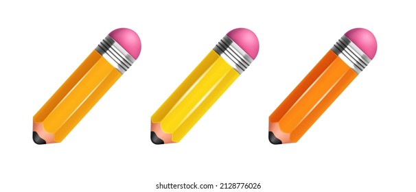Un conjunto de lápices 3D. Lápiz de plástico de juguete. Clipart vector aislado en fondo blanco.