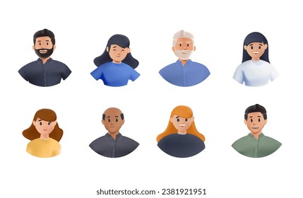 Set of 3d people avatars. Multinational business team. Diverse cartoon men and women of various ethnicities. Portraits of happy people on a white background. Cartoon characters woman and man, vector