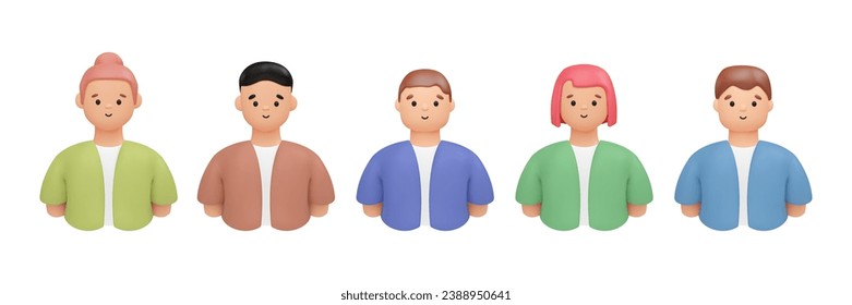 Set of 3d people portraits. Cute women and men faces, render of profile avatar icon in cartoon plastic style. Vector isolated illustration. Cheerful character in shirt, child clipart.