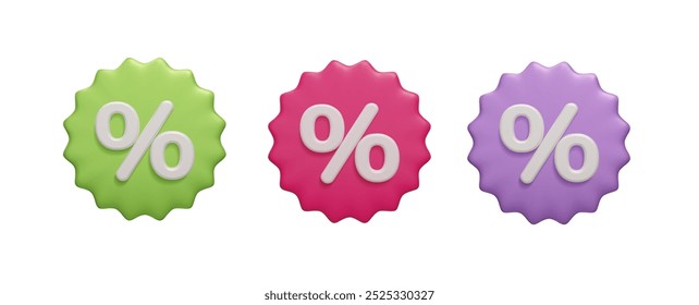 Set of 3d percent discount price tag stickers vector illustration. Online shopping, special price label notification sign, promotion voucher badge, discount percent price tag 3d render icon set.