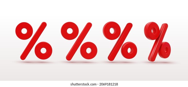 Set of 3d percent sign, label symbol sales discount. Realistic minimal red design element. Percent sign at different angles. Vector illustration with label isolated on white background.