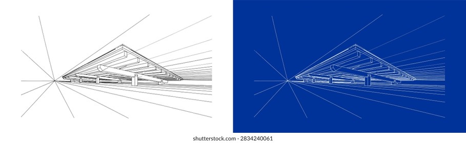 Set of 3D perspective architectural line art illustrations featuring a modern flat roof canopy structure supported by pillars, set against single-point perspective construction guidelines and horizon lines, presented in black outline on white and white blueprint drawing on dark blue background options.