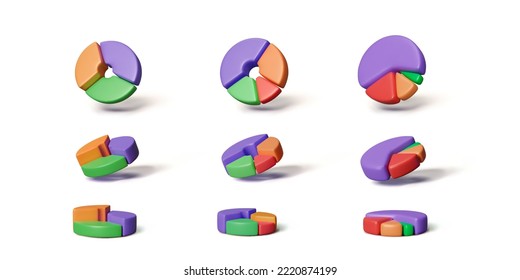 Conjunto de gráficos circulares 3D. El diagrama redondeado representa un estilo realista de caricatura. Presentación de datos para infografías y estadísticas empresariales. Ilustración del vector