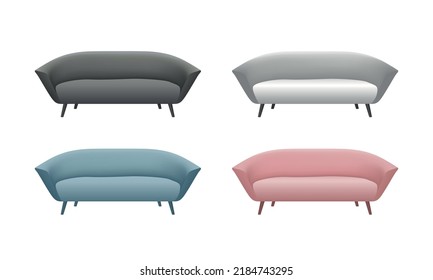 Set aus 3D-rosa, schwarz, blau-weißem Sofa auf weißem Hintergrund. Sammlung von realistischen bunten Sofas. Moderne Möbel für Inneneinrichtung. Vektorgrafik