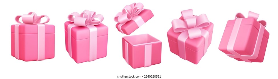 Set of 3d pink gift boxes with cute bow. Open and closed. Holiday design element for birthday, wedding, advertising banner of sale and other life events. Vector realistic illustration