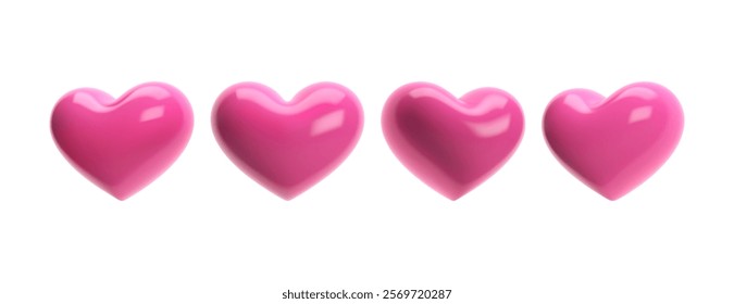 Set of 3D pink glossy hearts with smooth surfaces, isolated on white background. Perfect for Valentine's Day, love, wedding, and romantic designs. Ideal for banners, posters, and social media