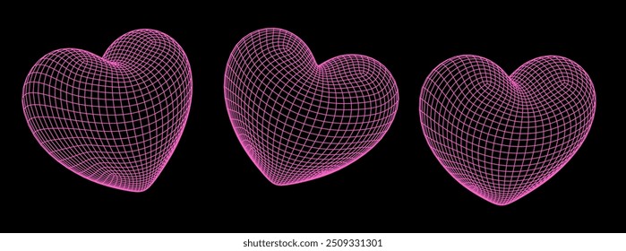 Set von 3D rosa Herzen aus Drahtgitter auf dunklem Hintergrund.