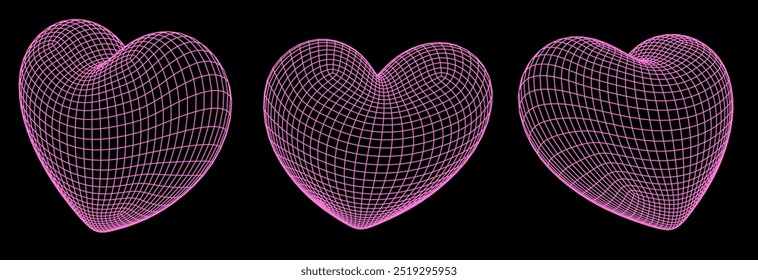 Set of 3D pink hearts made of wireframe on a dark background.