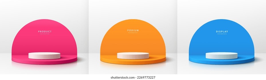 Set of 3D pink, orange, blue realistic cylinder pedestal podium in empty white clean room. Minimal wall scene mockup product stage showcase, Banner promotion display. Abstract vector geometric forms. - Shutterstock ID 2269773227