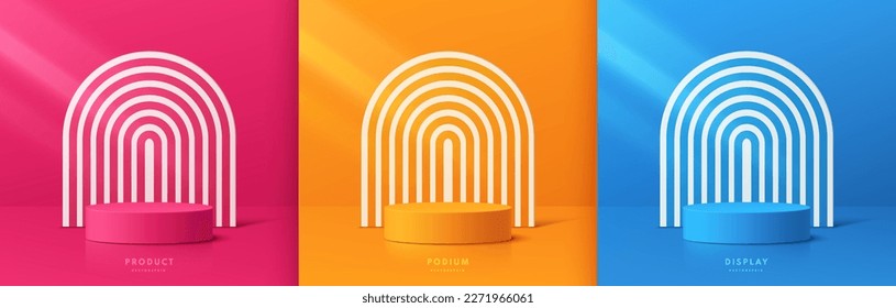 Conjunto de fondo de podio peatonal 3D rosa, naranja y azul del cilindro, fondo de arco varicolado. Escena mínima de la pared maquillaje de la exposición de la escena de producto, pantalla promocional. Resumen de formas geométricas vectoriales.