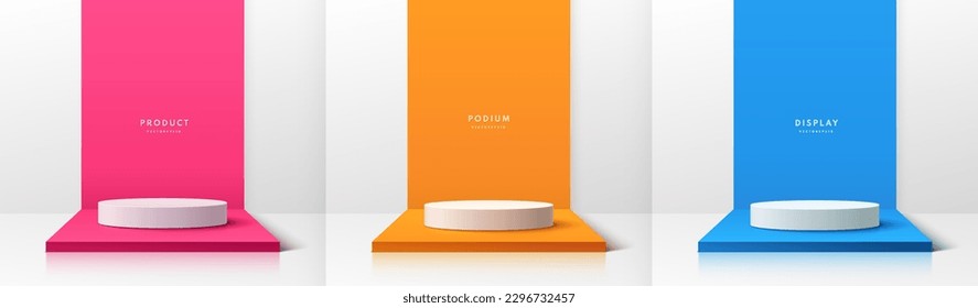 Set of 3D pink, orange, blue realistic cylinder products podium in white clean studio room. Minimal wall scene mockup product stage showcase, Banner promotion display. Abstract vector geometric forms.