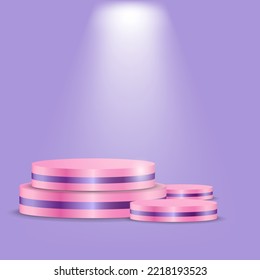 set of 3d pink podium with lighting on purple background. vector illustration