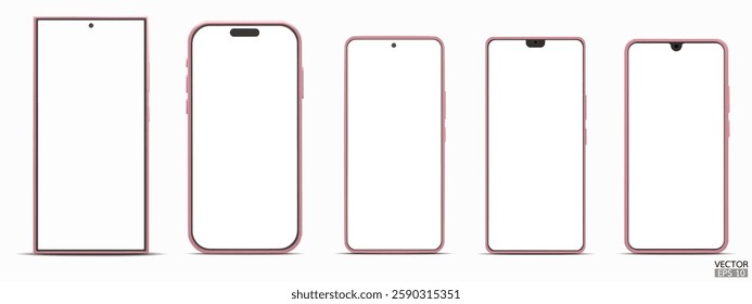 Set of 3D pink smartphone mockup with white screen. Pink mobile phone isolated on white background. 3d vector illustration