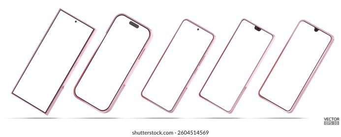 Set of 3D pink smartphone mockup is tilted at a 30 degree angle with white screen. Pink mobile phone isolated on white background. 3d vector illustration