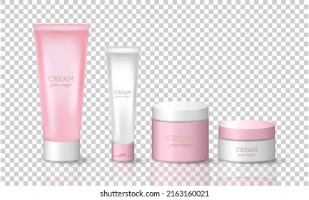 Set of 3d pink and white cream tubes and jars. Vector skincare packages, containers, bottles isolated on transparent background. Cosmetic container mockup