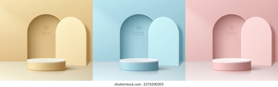 Conjunto de fondo de podio de cilindro 3D rosa, amarillo, azul y blanco realista, portón de arco en la pared. Producto de simulación de escena mínima en pared, escaparate de escenario, pantalla de promoción de banner. Vector abstracto de la habitación vacía.