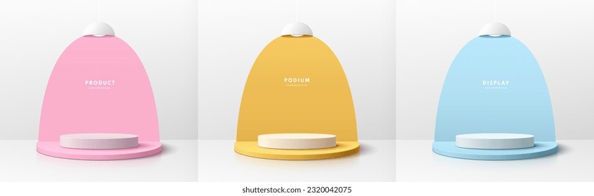 Set of 3D pink, yellow, blue realistic cylinder products podium in white background and hanging lamps scene. Mockup product stage showcase, Banner promotion display. Abstract vector geometric forms.