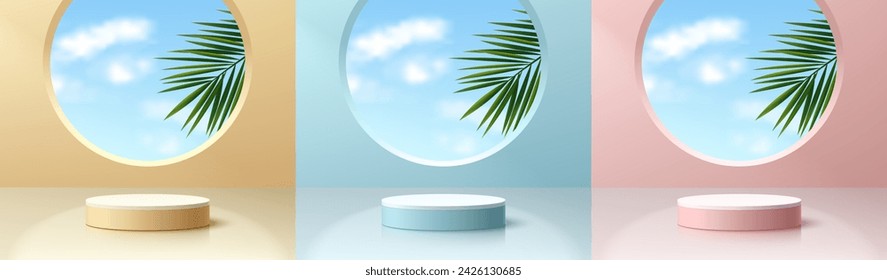 Set of 3D pink, yellow, blue realistic cylinder podium background with Palm leaf , blue sky in round window. Wall minimal scene mockup product, Stage showcase, Promotion display. Vector abstract room.