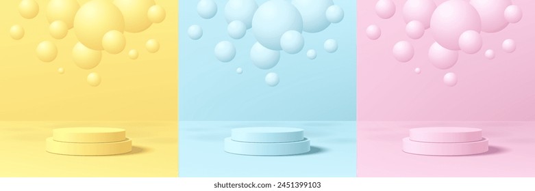 Conjunto de fondo cilíndrico de producto 3D rosa, amarillo, azul con burbuja flotante o bola de rebote. Abstractas maqueta mínima, presentación de la exhibición del Producto, escaparate del escenario. Diseño de Vector de plataformas.