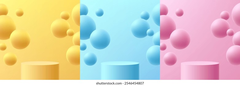 Set of 3D pink, yellow, blue cylindrical product podium background with floating bubble or bounce ball. Abstract minimal mockup, Product display presentation, Stage showcase. Platforms vector design.