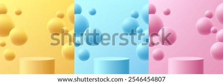 Set of 3D pink, yellow, blue cylindrical product podium background with floating bubble or bounce ball. Abstract minimal mockup, Product display presentation, Stage showcase. Platforms vector design.