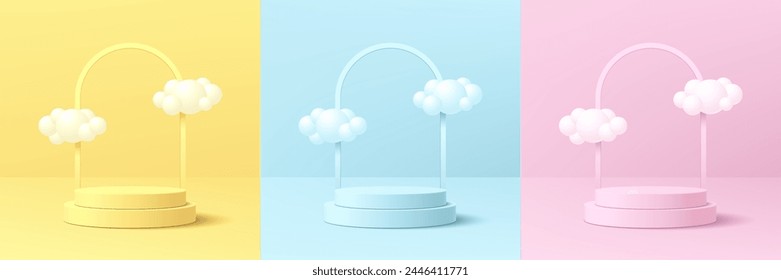 Set of 3D pink, yellow, light blue cylinder podium background with white cloud floating. Abstract minimal mockup product display presentation, Stage showcase. Platforms vector cosmetic banner design.