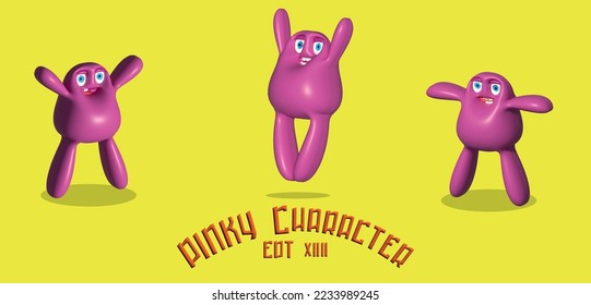 Set of 3d pinky simple character on a yellow background. 