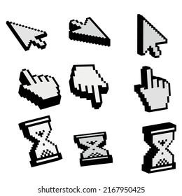 Set of 3d pixel cursors icons, hand, hourglass, arrow. Isolated on light gray background. Vector Illustration.