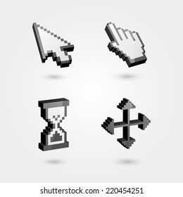 Set of 3d pixel cursors icons: hand, hourglass, arrows. Isolated on light gray background. Vector Illustration, eps 10.