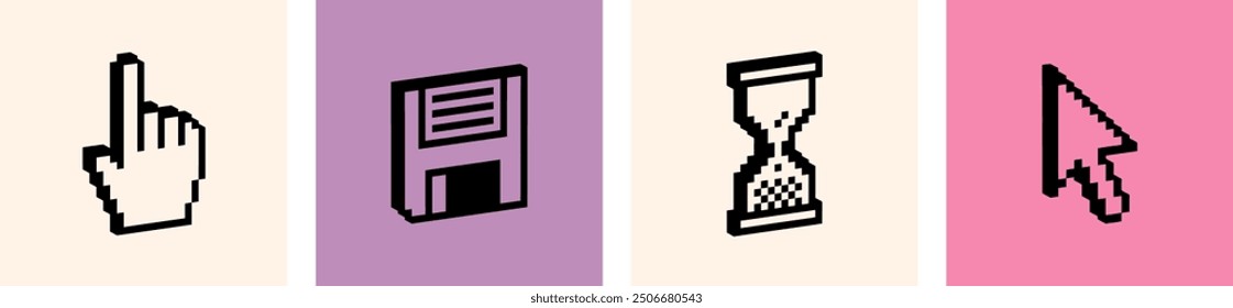 Set of 3D pixel elements. Hand click cursor. Mouse arrow pointer icon. Diskette, floppy disk. UI. Y2k trendy stickers. Mood of 90's. Cyber aesthetic. 8-bit retro style vector illustration