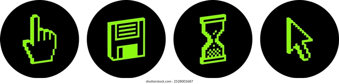 Set of 3D pixel elements. Hand click cursor. Mouse arrow pointer icon. Diskette, floppy disk. Y2k trendy stickers for collage, poster. Cyber aesthetic. Retro style vector illustration. Bold and groovy