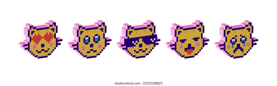 Set of 3D pixel emoticons of cats, a pack of pixel emojis. Cute and funny faces, vector icons, 8 bits, a collection of 5 yellow cats. Modern trendy Y2K design, geometric three-dimensional shapes and s