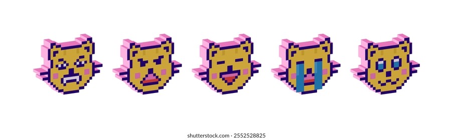 Set of 3D pixel emoticons of cats, a pack of pixel emojis. Cute and funny faces, vector icons, 8 bits, a collection of 5 yellow cats. Modern trendy Y2K design, geometric three-dimensional shapes and s