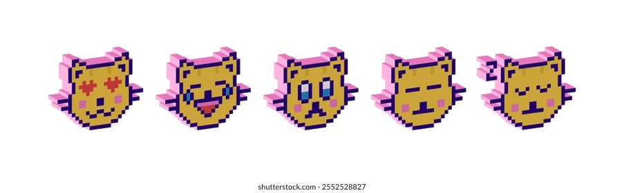 Set of 3D pixel emoticons of cats, a pack of pixel emojis. Cute and funny faces, vector icons, 8 bits, a collection of 5 yellow cats. Modern trendy Y2K design, geometric three-dimensional shapes and s