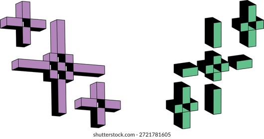 Un conjunto de cruces púrpuras y verdes pixeladas en 3D flotando en el aire, con sombras negras, sobre un fondo blanco puro