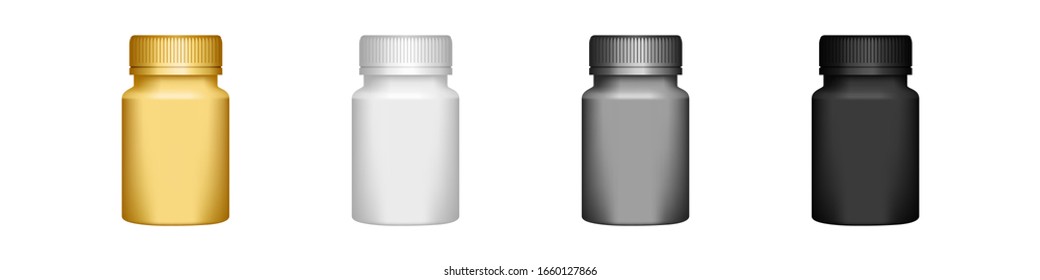 Set of 3d plastic bottles for pills mockup for packaging design - white, black, silver, gold. Vector realistic illustration. Container for medicine and hygiene