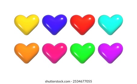 Set of 3d plastic hearts in various happy colors isolated on white background. Realistic vector illustration