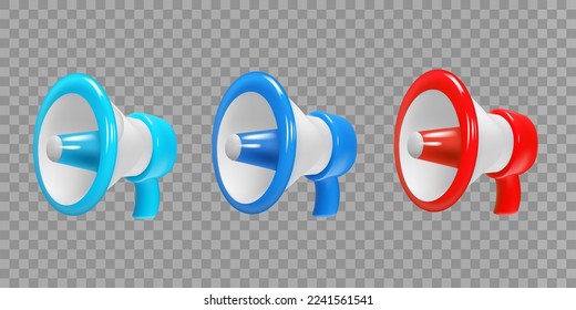 Conjunto de megáfonos de plástico 3d aislados sobre fondo transparente. Un megáfono azul, cian, de color rojo, es un icono realista. Ilustración del vector