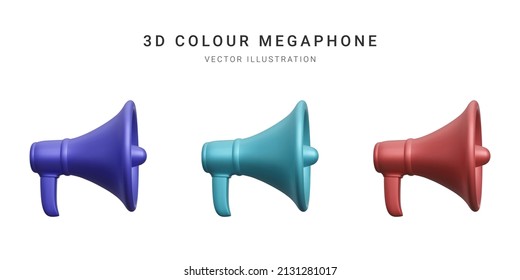 Set of 3d plastic megaphonesisolated on white background. Vector illustration