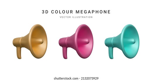 Set of 3d plastic megaphonesisolated on white background. Vector illustration