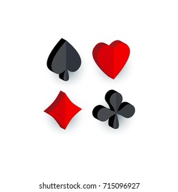 Set of 3D playing card suit signs - hearts, spades, clubs, diamonds, flat cartoon vector illustration isolated on white background. Playing card suits - hearts, spades, clubs, diamonds