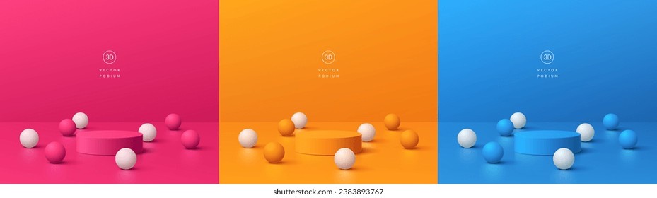 Set von 3D-Podium-Hintergrund in rosafarbenem, orangefarbenem und blauem Raum mit bunten Kugel-Kugeln. Mauer minimale Szene-Mock-up Produkt-Bühne-Showcase, Promotion-Display. Abstrakte geometrische Vektorplattformen.