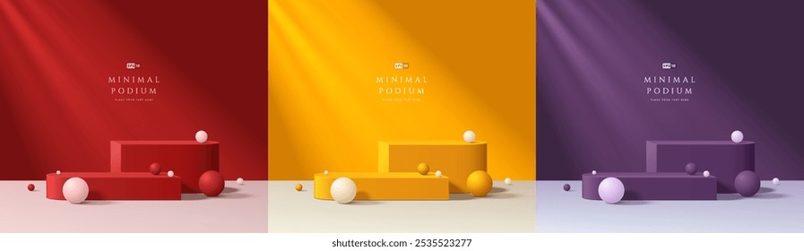 Set of 3D podium background in red, yellow and dark purple on white floor. Abstract composition minimalist design. Studio display showroom stand product pedestal, Fashion stage showcase mockup scene.