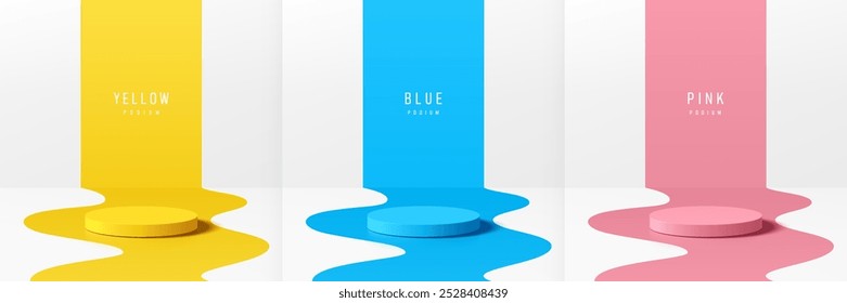 Set of 3D podium with blue, pink, yellow in wavy shape floor on white background. Abstract geometric composition minimal design. Studio showroom product pedestal, Fashion stage showcase mockup scene.