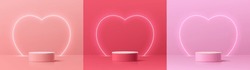 Set Of 3D Podium Valentine Day Background With Pink, Red, White Cylinder Pedestal. Glow Neon Heart Shape Backdrop. Vector Geometric Platform. Mockup Product Display. Minimal Wall Scene. Stage Showcase