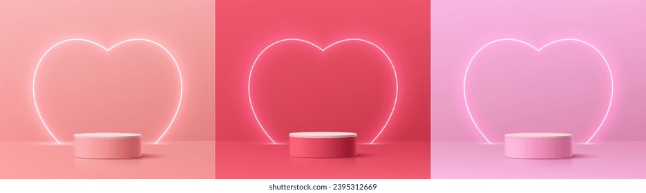 Set of 3D podium valentine day background with pink, red, white cylinder pedestal. Glow neon heart shape backdrop. Vector geometric platform. Mockup product display. Minimal wall scene. Stage showcase