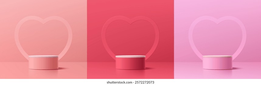 Set of 3D podium valentine day background with pink, red and white cylinder pedestal. Heart shape frames backdrop. Vector geometric platform. Mockup product display. Minimal wall scene. Stage showcase